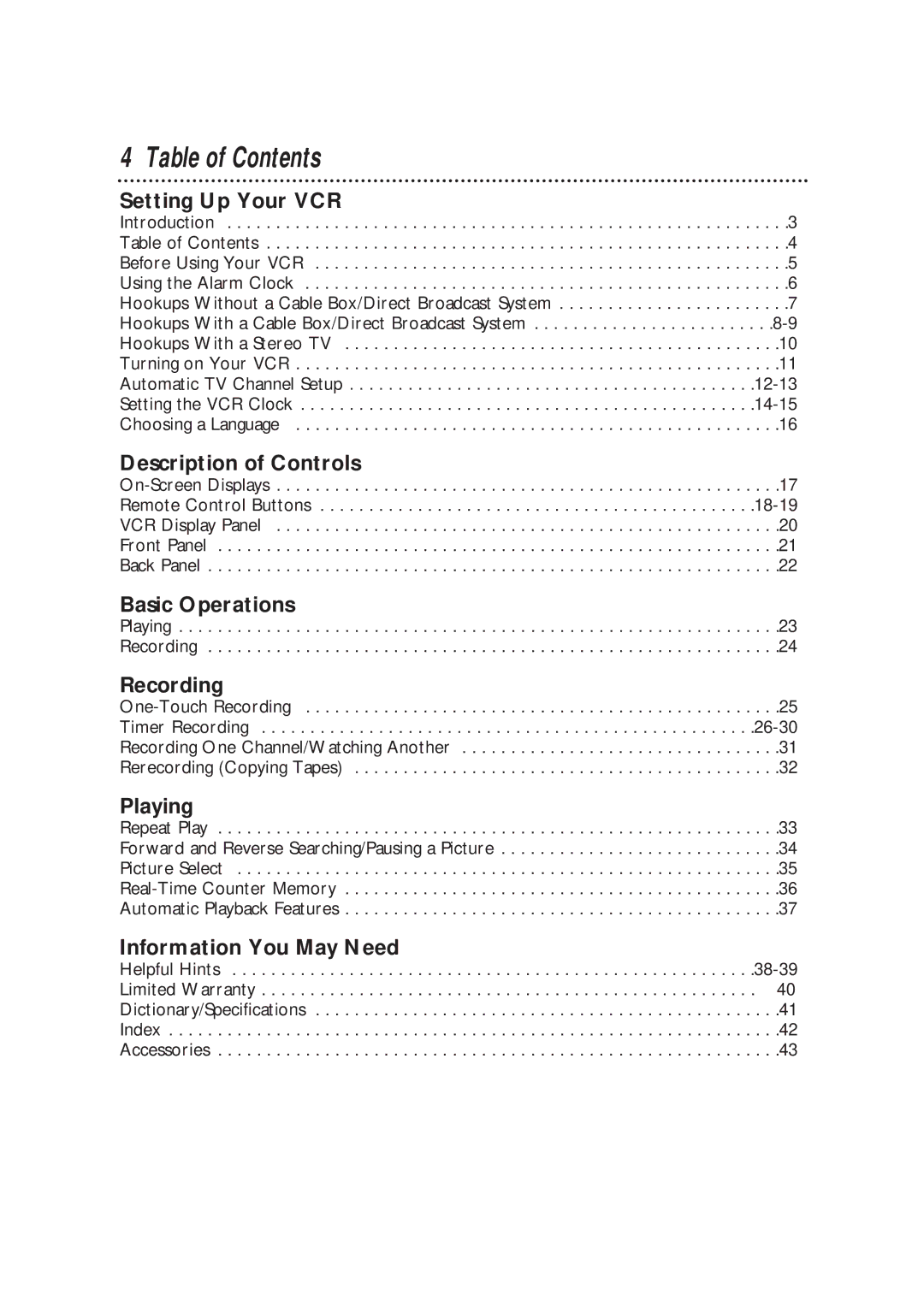 Philips VRKD12BL, VRKD11YL warranty Table of Contents 