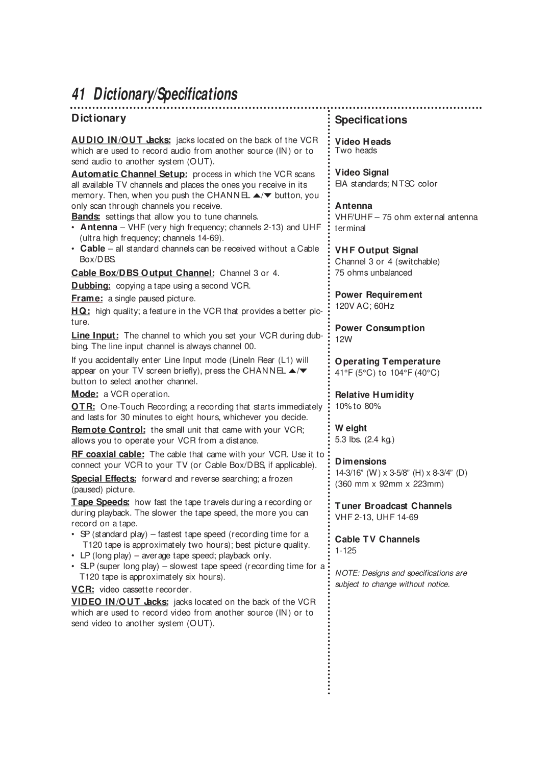 Philips VRKD11YL, VRKD12BL warranty Dictionary/Specifications 