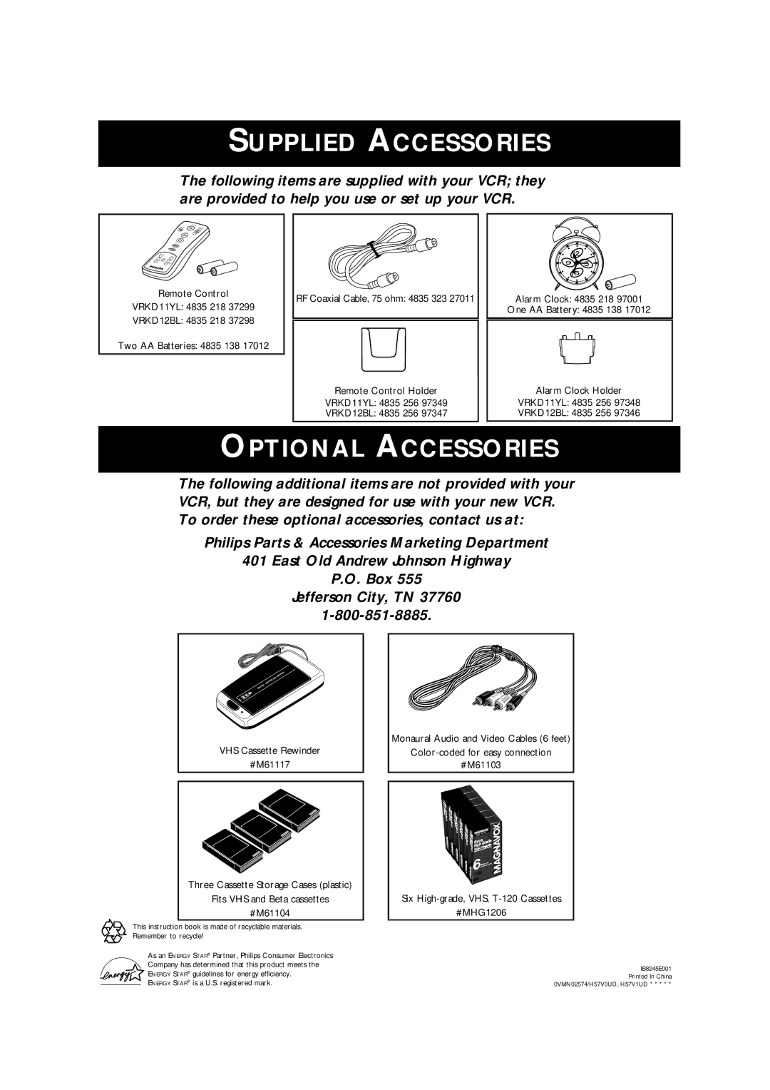 Philips VRKD11YL, VRKD12BL warranty Supplied Accessories 