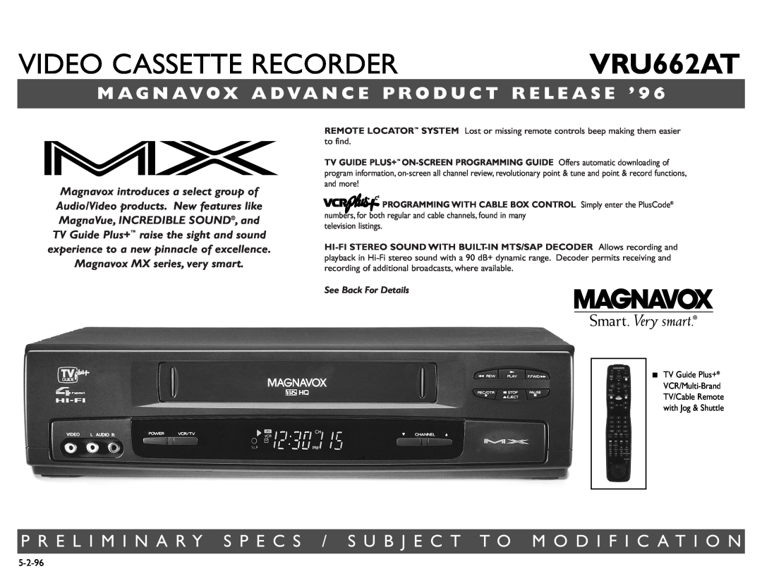 Philips manual VIDEO CASSETTE RECORDERVRU662AT, M AG N AVOX A DVA N C E P R O D U C T R E L E A S E ’ 9 