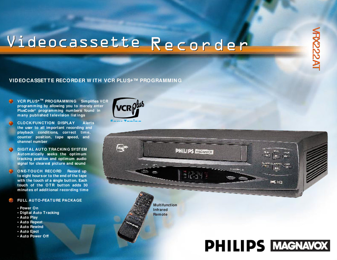 Philips VRX222AT manual Videocassette Recorder 