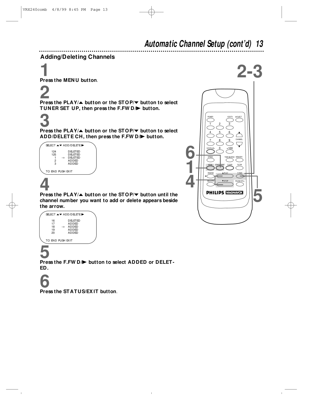 Philips VRX242AT owner manual Automatic Channel Setup cont’d, Adding/Deleting Channels 