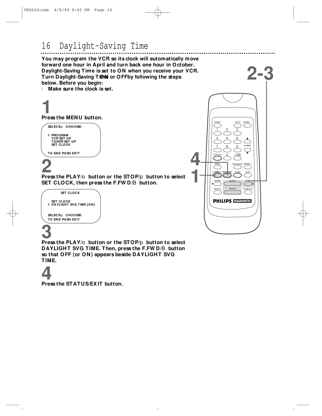 Philips VRX242AT owner manual Daylight-Saving Time 