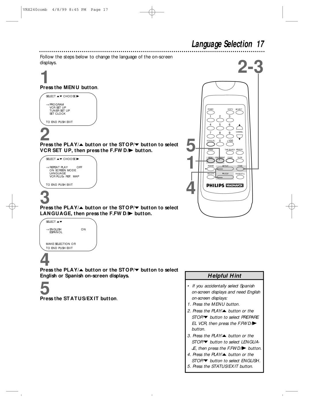 Philips VRX242AT owner manual Language Selection 