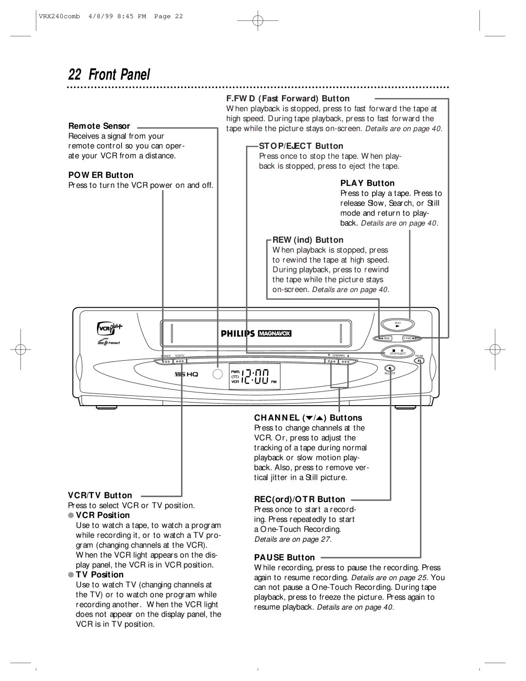 Philips VRX242AT owner manual Front Panel 