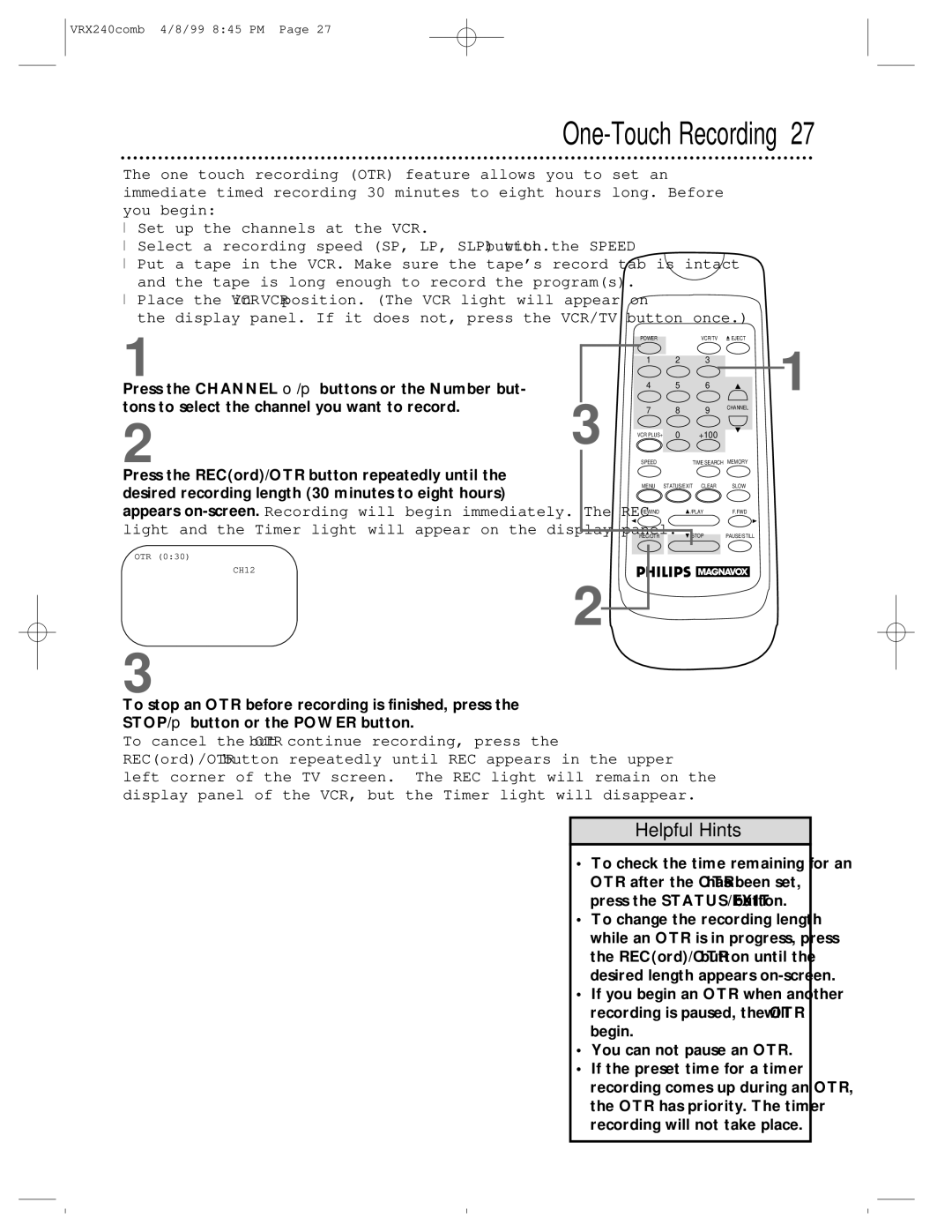 Philips VRX242AT owner manual One-Touch Recording 