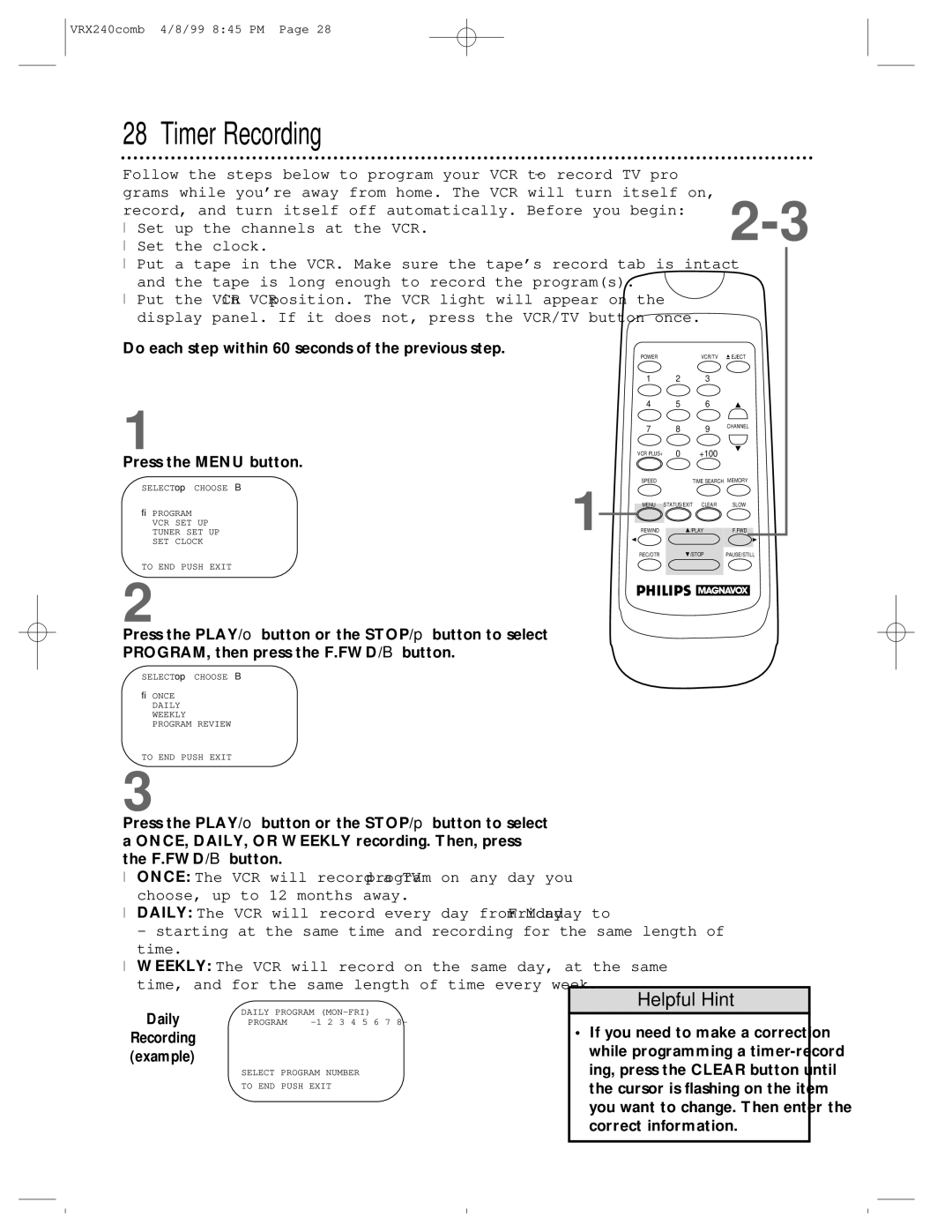 Philips VRX242AT owner manual Timer Recording, Daily 