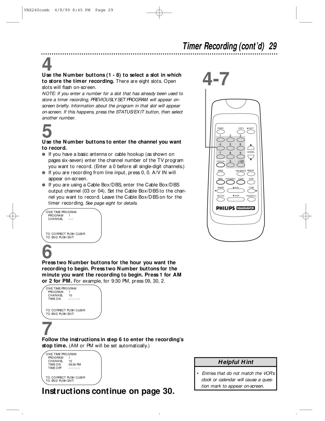 Philips VRX242AT owner manual Timer Recording cont’d, Instructions continue on 