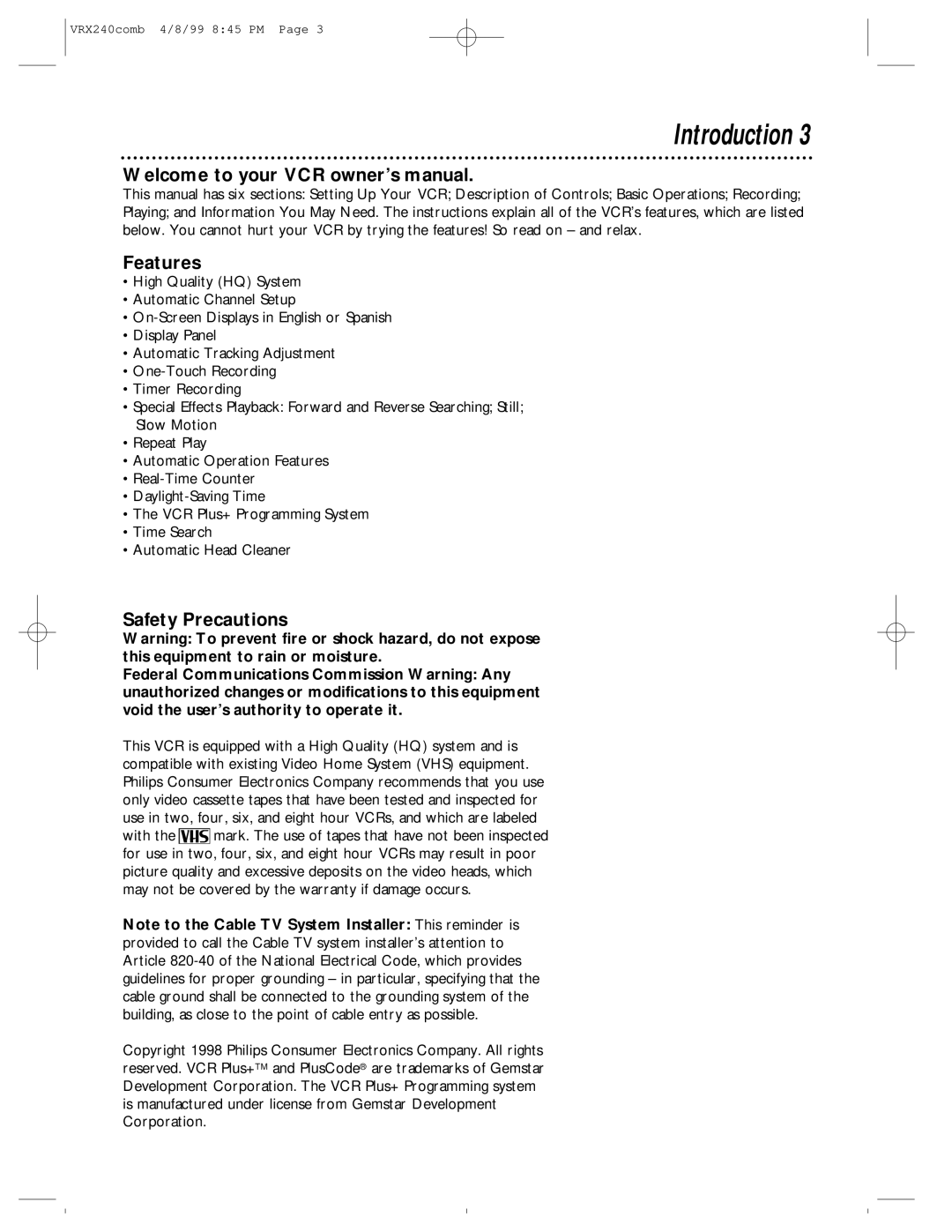Philips VRX242AT owner manual Introduction, Features, Safety Precautions 