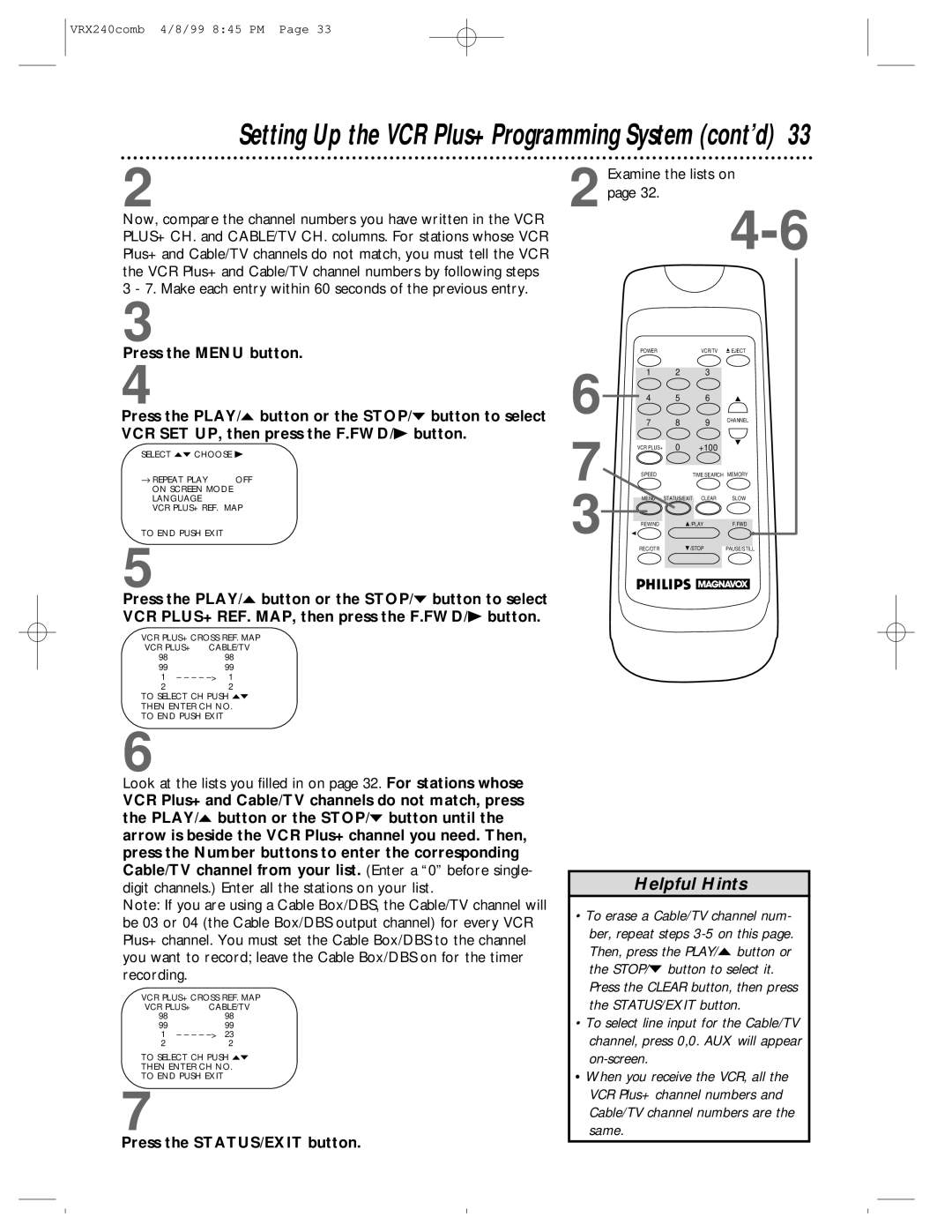 Philips VRX242AT owner manual Setting Up the VCR Plus+ Programming System cont’d 