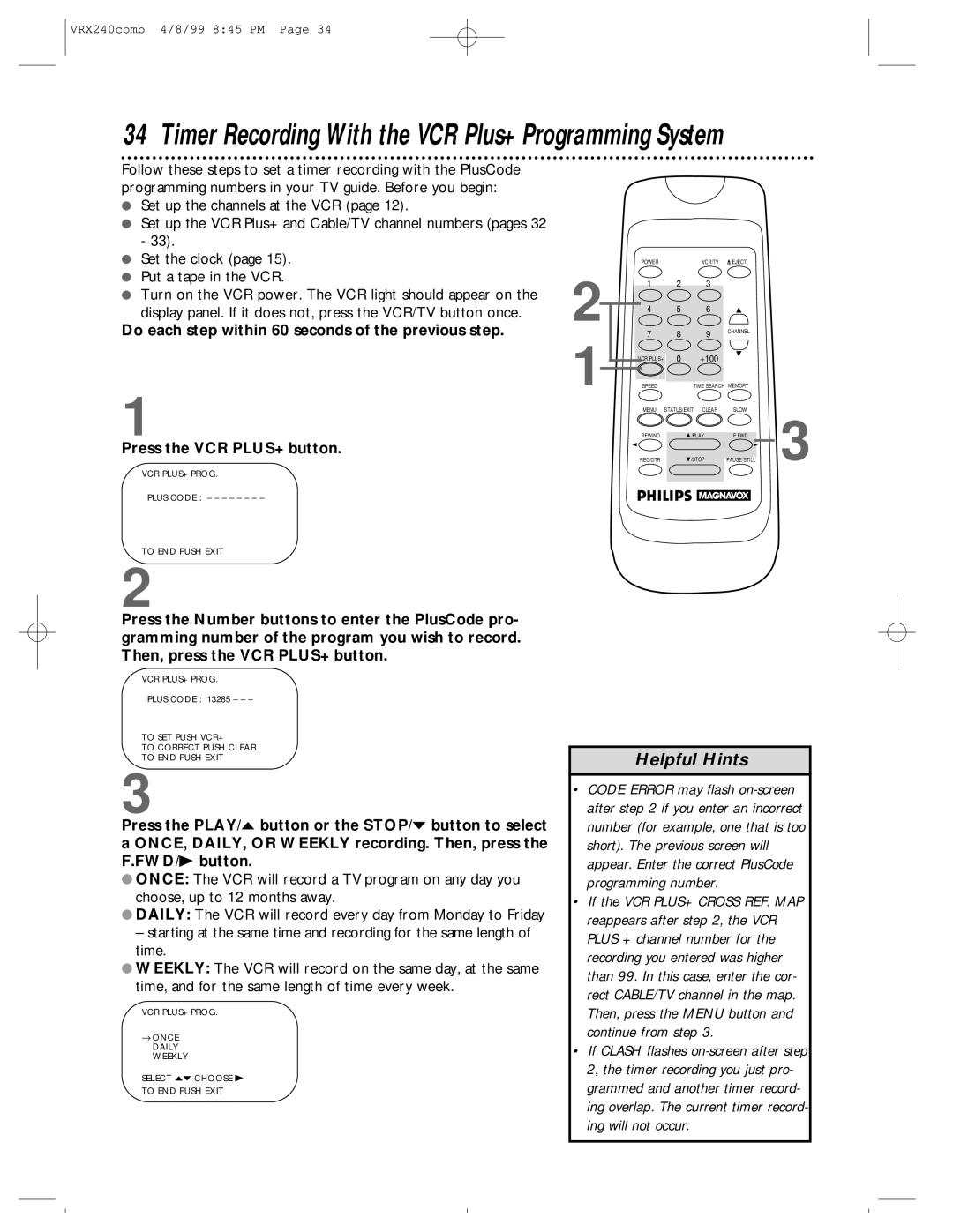 Philips VRX242AT owner manual Timer Recording With the VCR Plus+ Programming System 