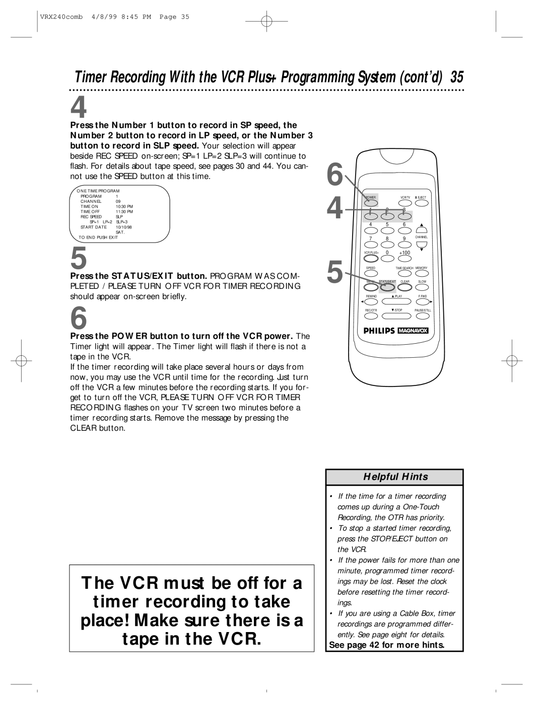 Philips VRX242AT owner manual Timer Recording With the VCR Plus+ Programming System cont’d 