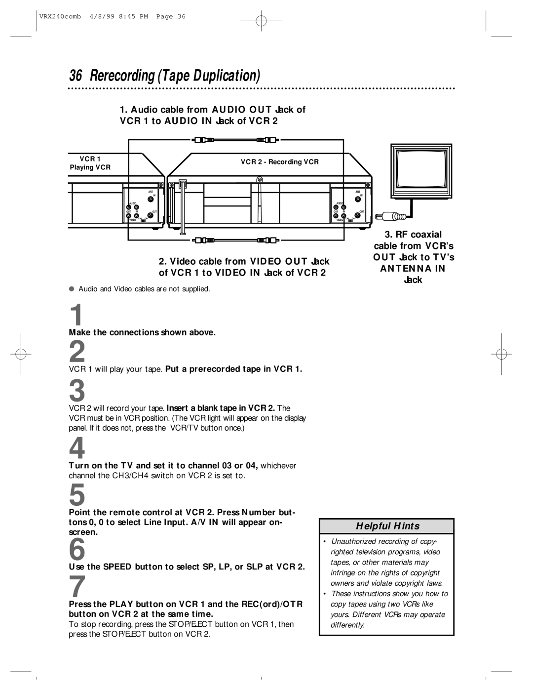 Philips VRX242AT owner manual Rerecording Tape Duplication, Antenna 