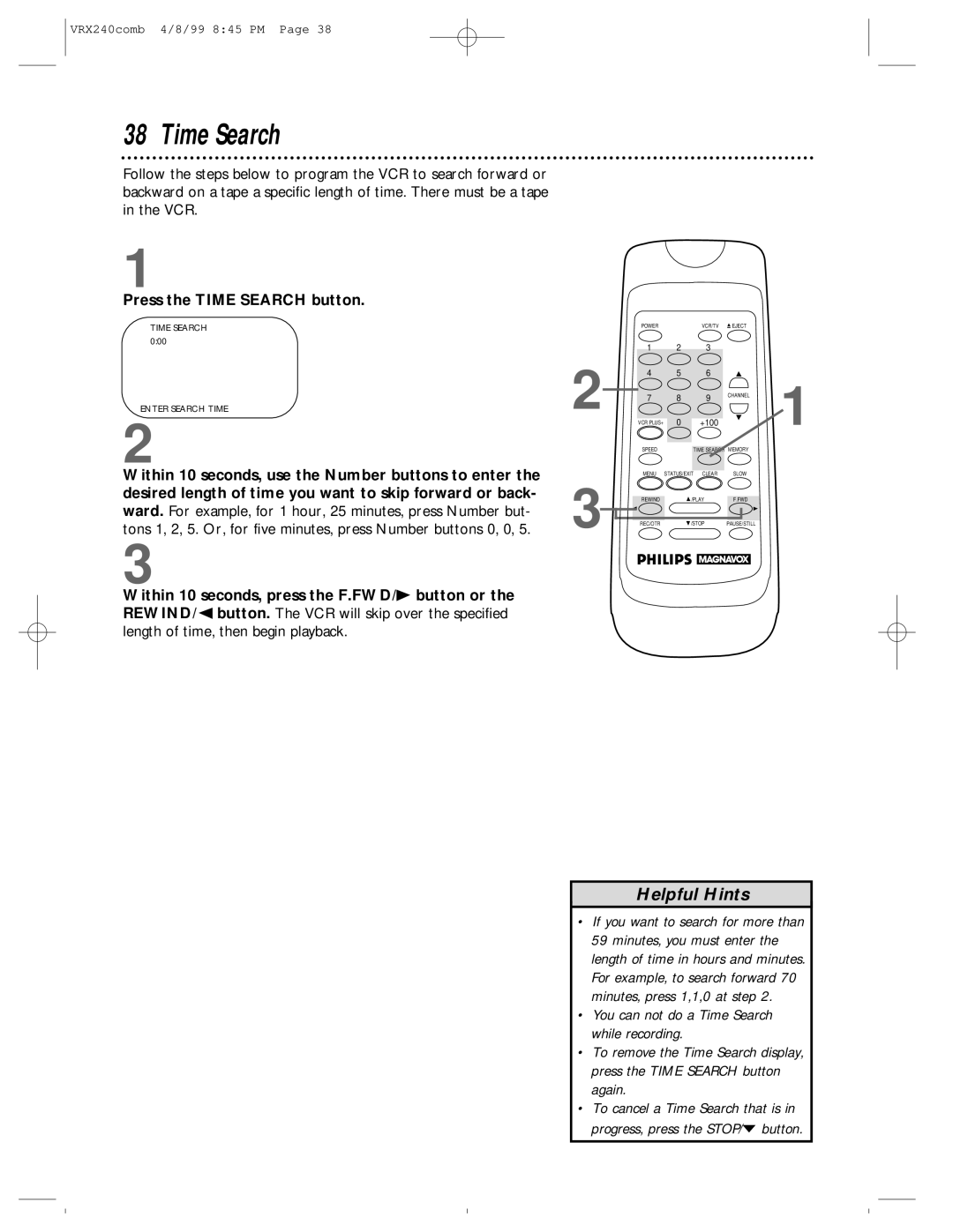 Philips VRX242AT owner manual Press the Time Search button 