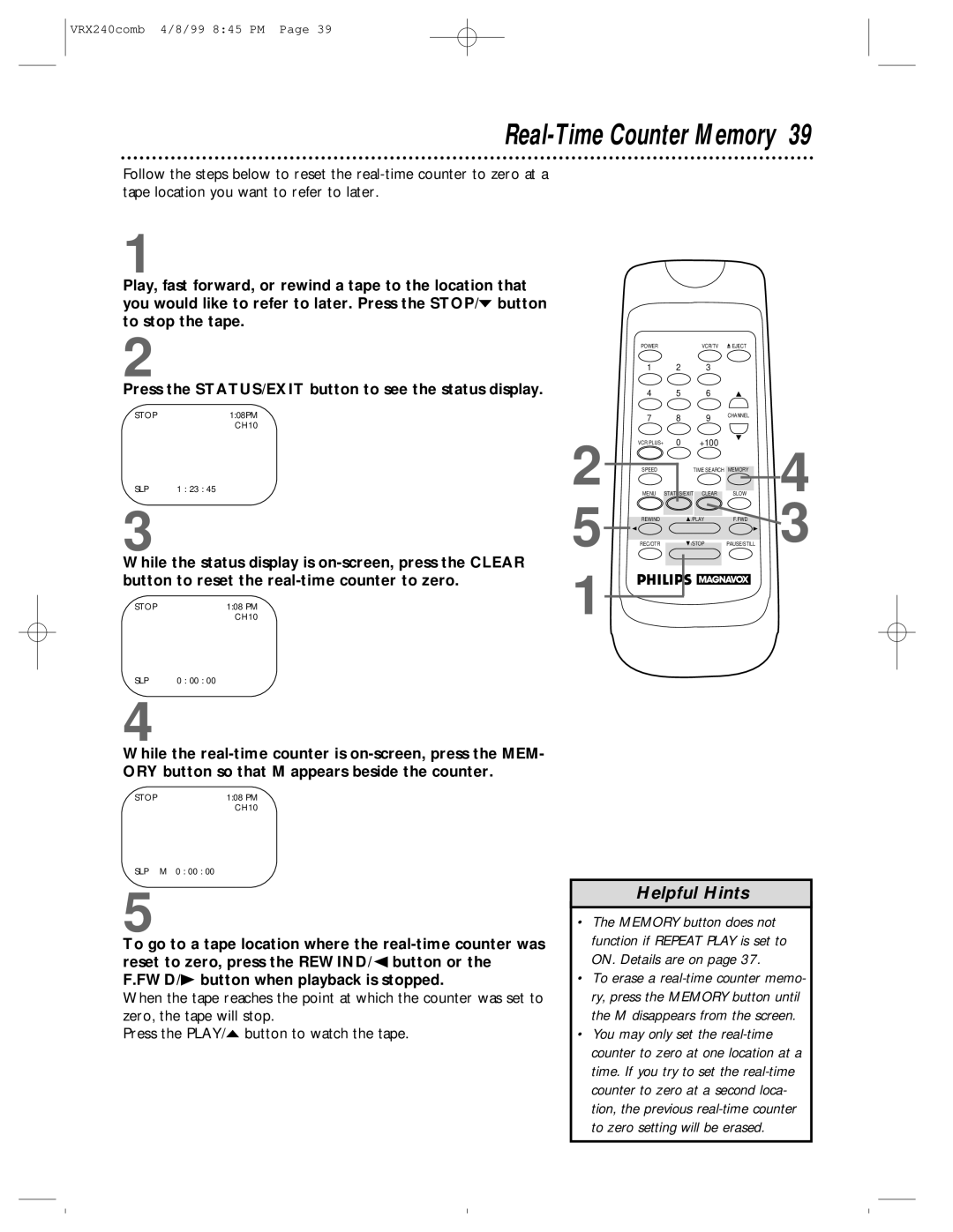 Philips VRX242AT owner manual Real-Time Counter Memory 