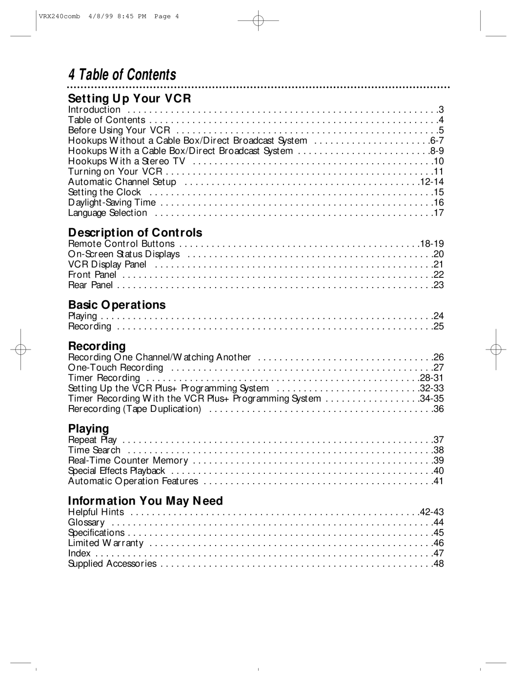 Philips VRX242AT owner manual Table of Contents 