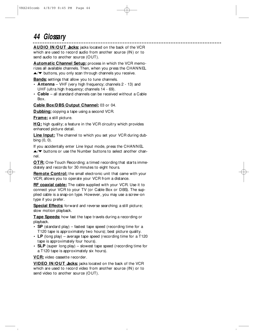 Philips VRX242AT owner manual Glossary, Cable Box/DBS Output Channel 03 or 