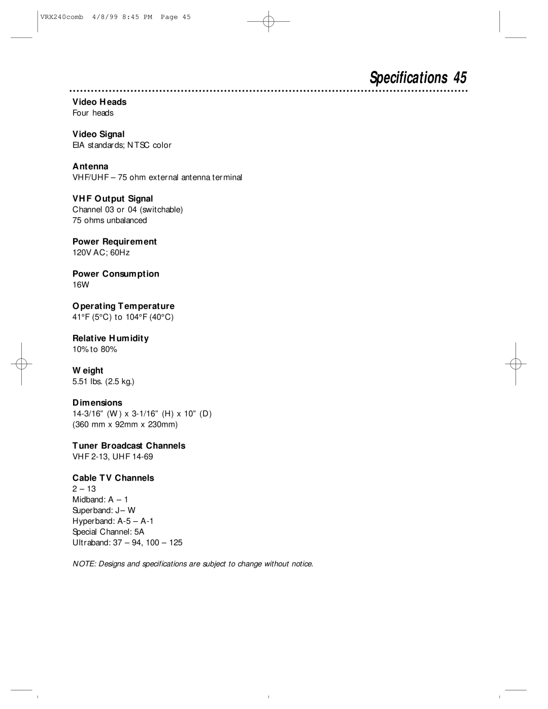 Philips VRX242AT owner manual Specifications 