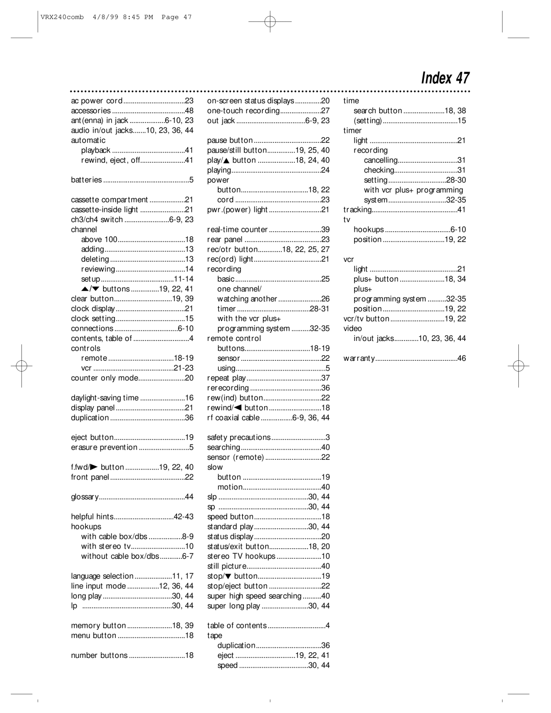 Philips VRX242AT owner manual Index, Automatic 