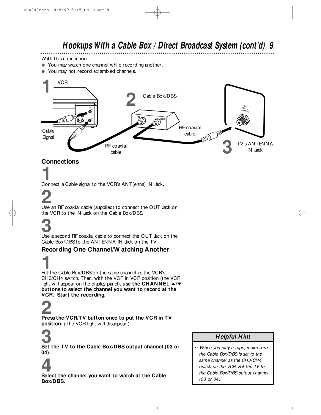 Philips VRX242AT Hookups With a Cable Box / Direct Broadcast System cont’d, Recording One Channel/Watching Another 