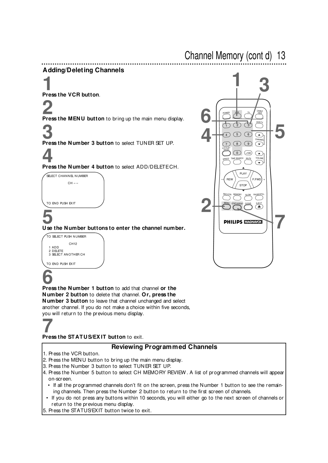 Philips VRX342AT warranty Adding/Deleting Channels, Reviewing Programmed Channels 