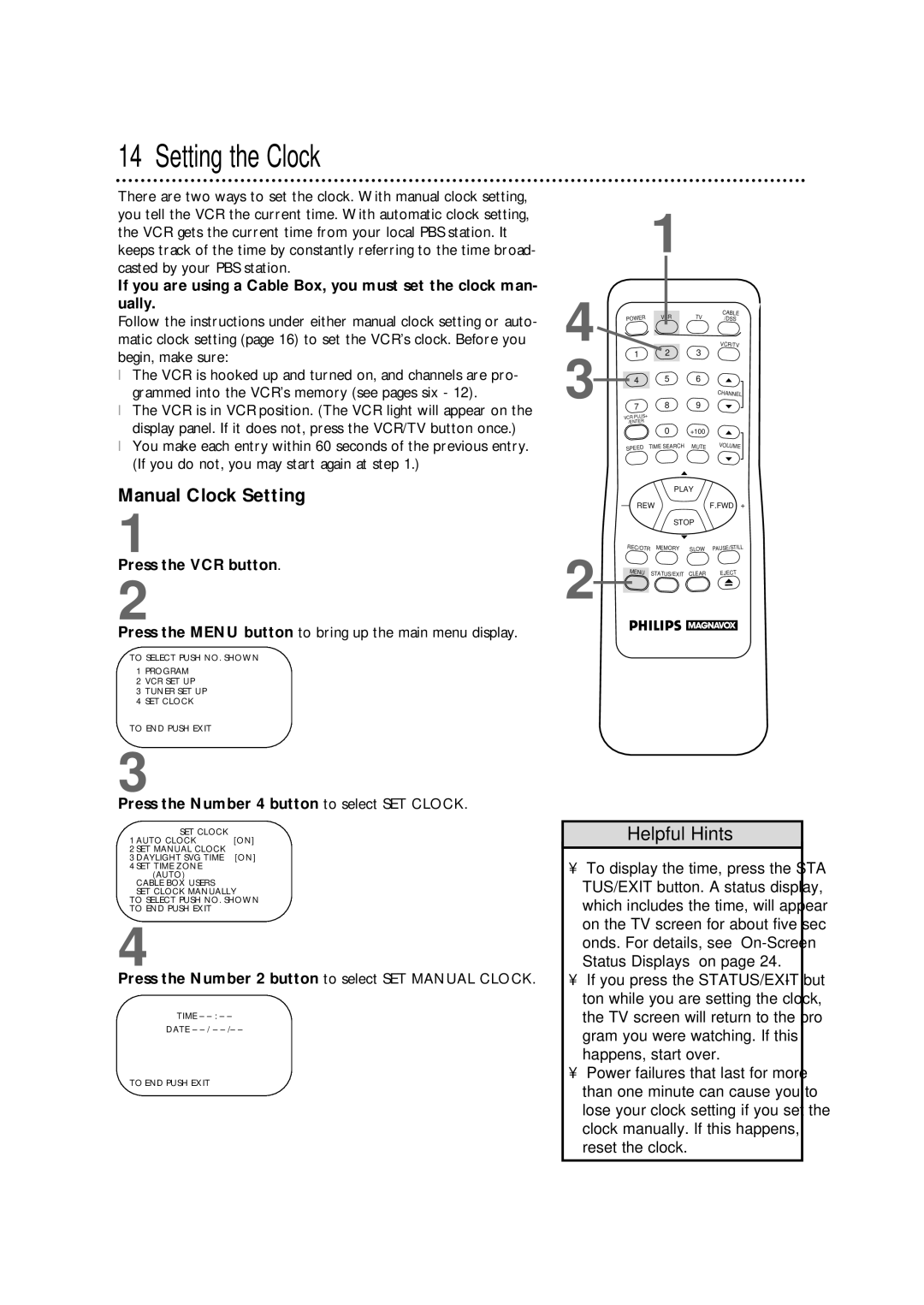 Philips VRX342AT warranty Setting the Clock, Manual Clock Setting, Press the Number 4 button to select SET Clock 