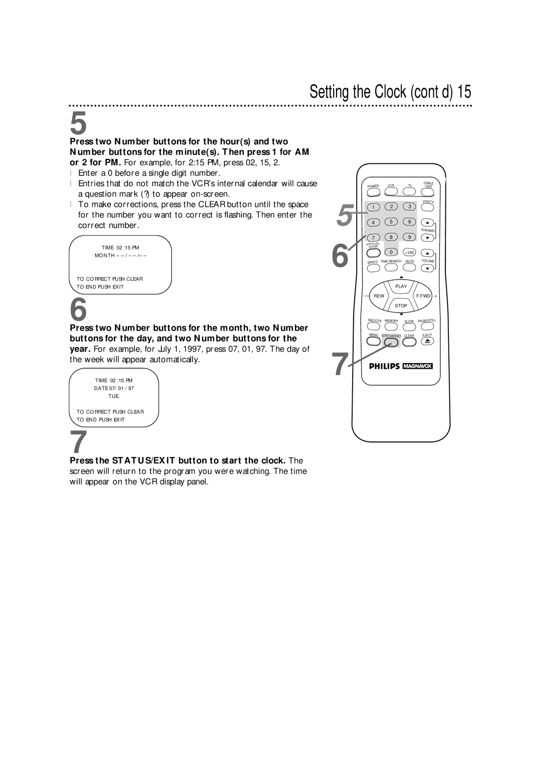 Philips VRX342AT warranty Setting the Clock cont’d 