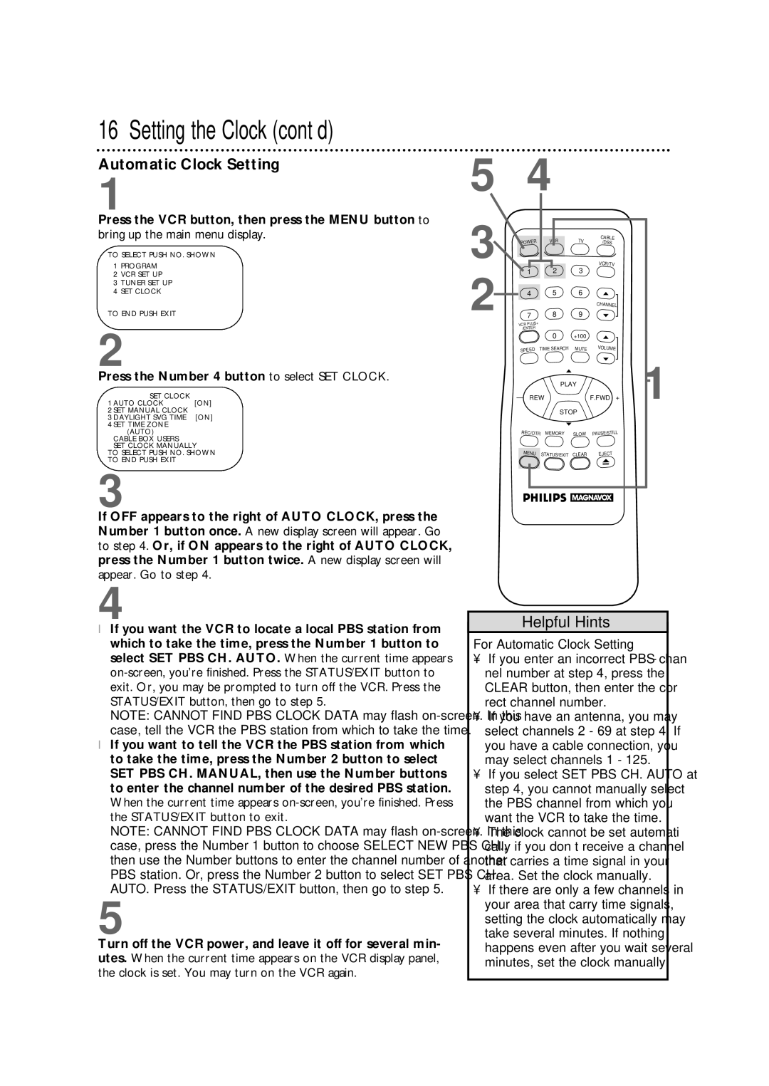 Philips VRX342AT Setting the Clock cont’d, Automatic Clock Setting, Press the VCR button, then press the Menu button to 