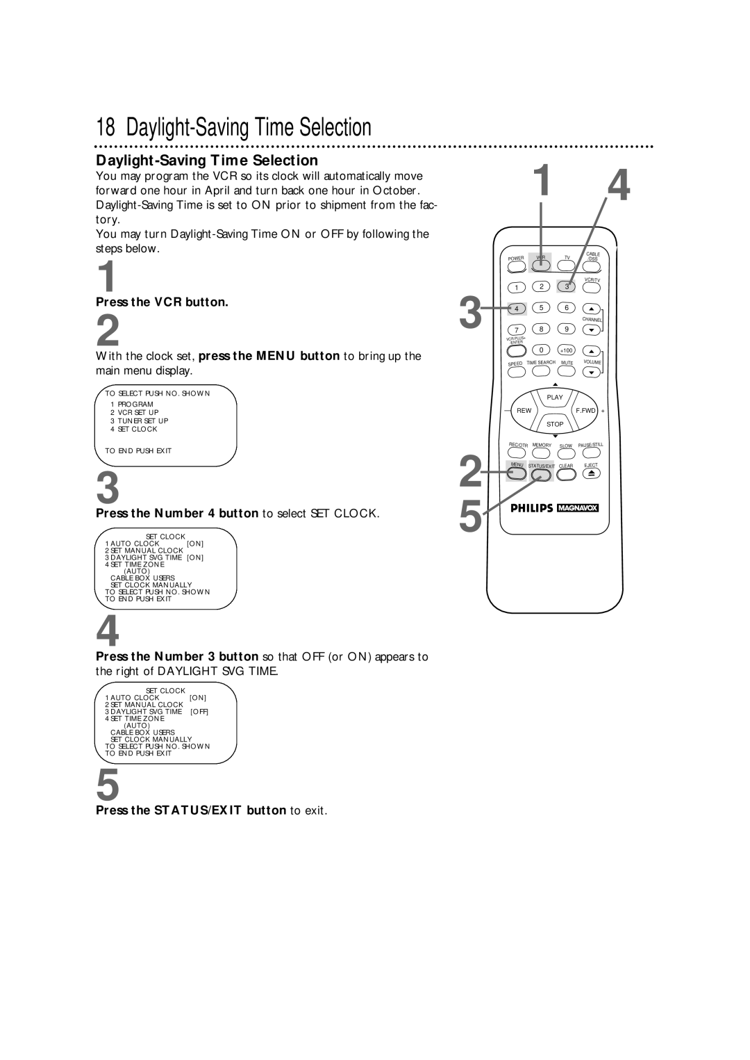 Philips VRX342AT warranty Daylight-Saving Time Selection 