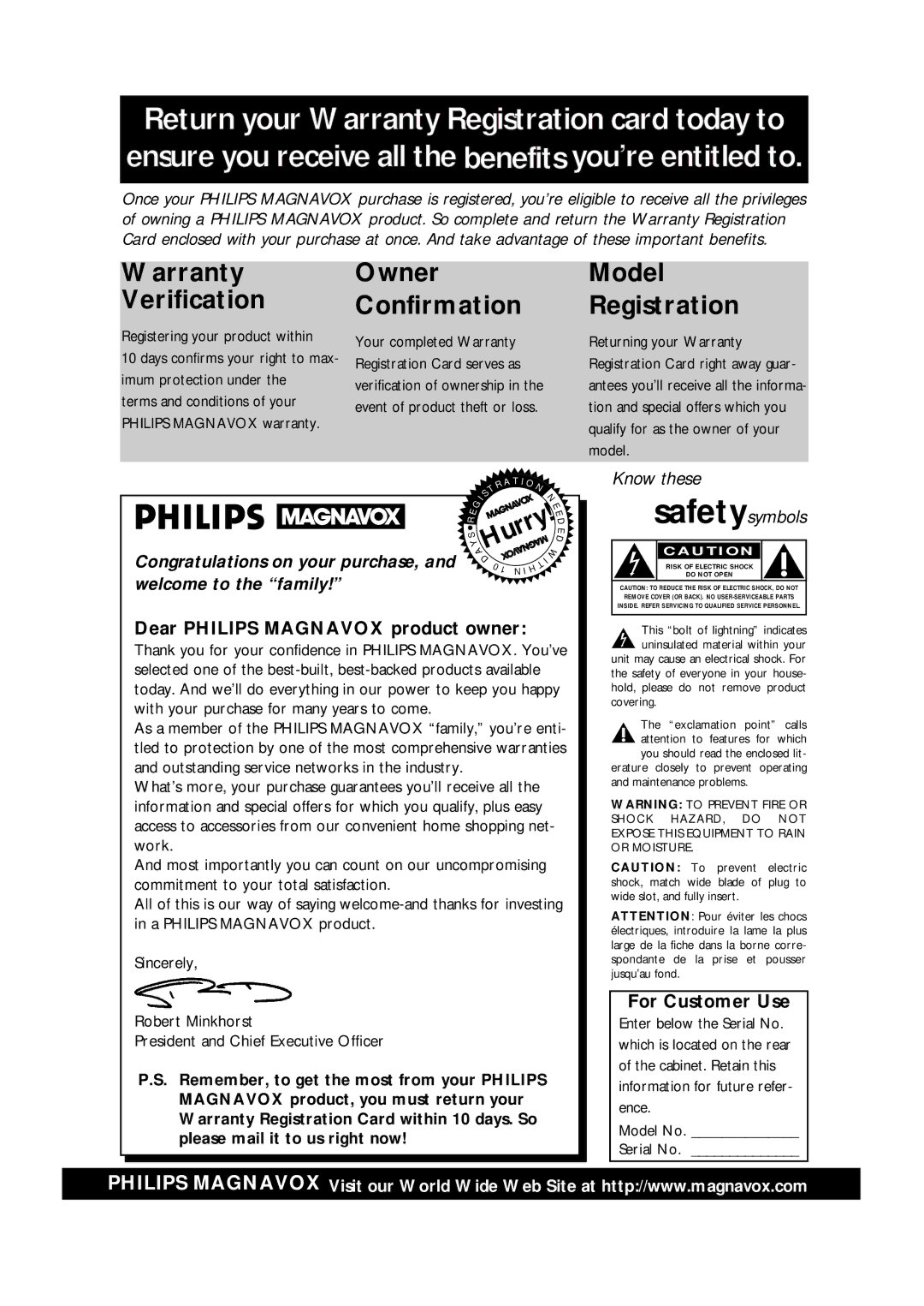 Philips VRX342AT warranty Dear Philips Magnavox product owner, For Customer Use 