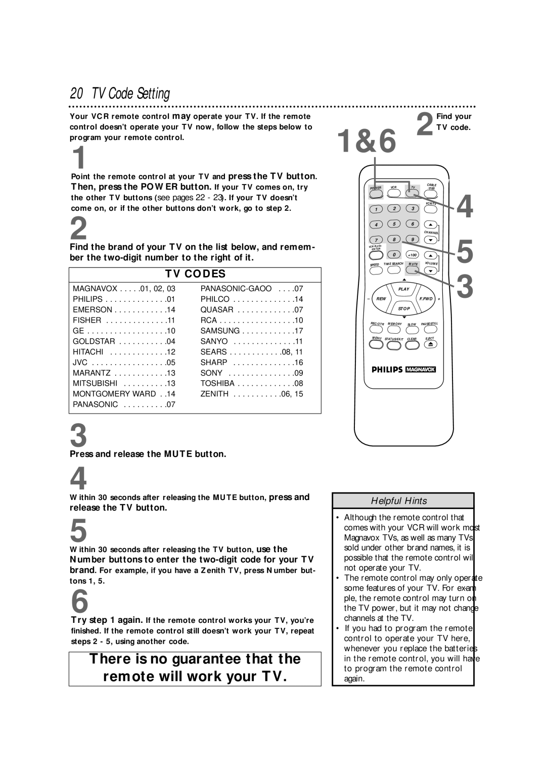 Philips VRX342AT warranty TV Code Setting, Press and release the Mute button, Release the TV button 