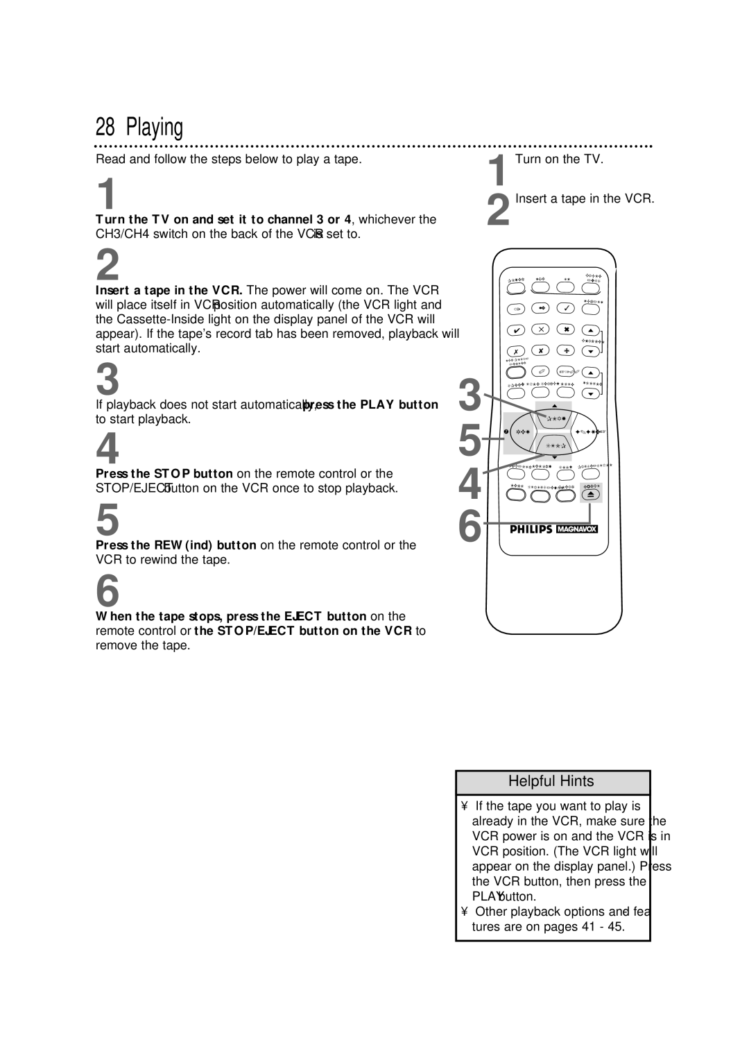 Philips VRX342AT warranty Playing, Read and follow the steps below to play a tape 