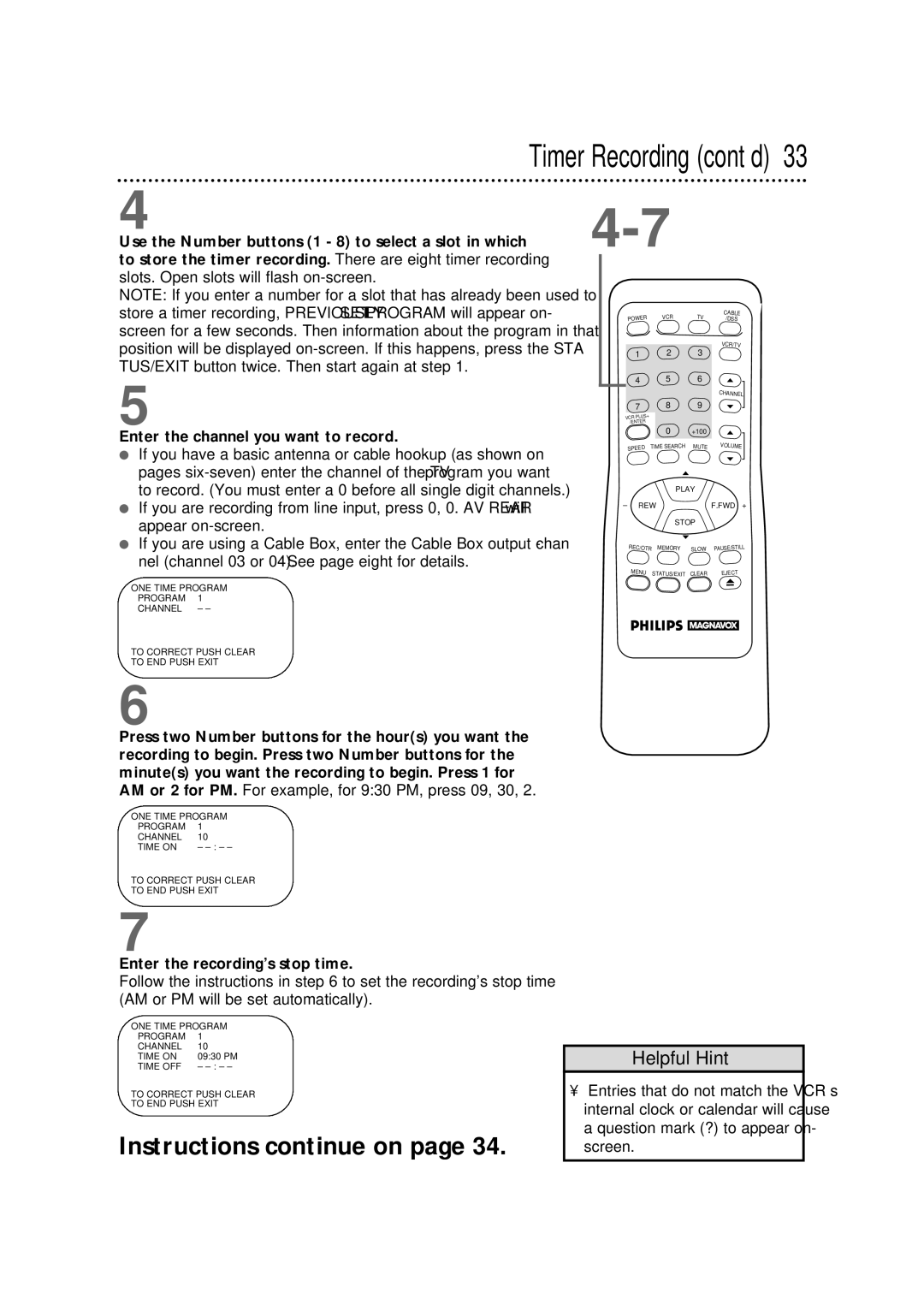 Philips VRX342AT warranty Timer Recording cont’d, Enter the recording’s stop time 