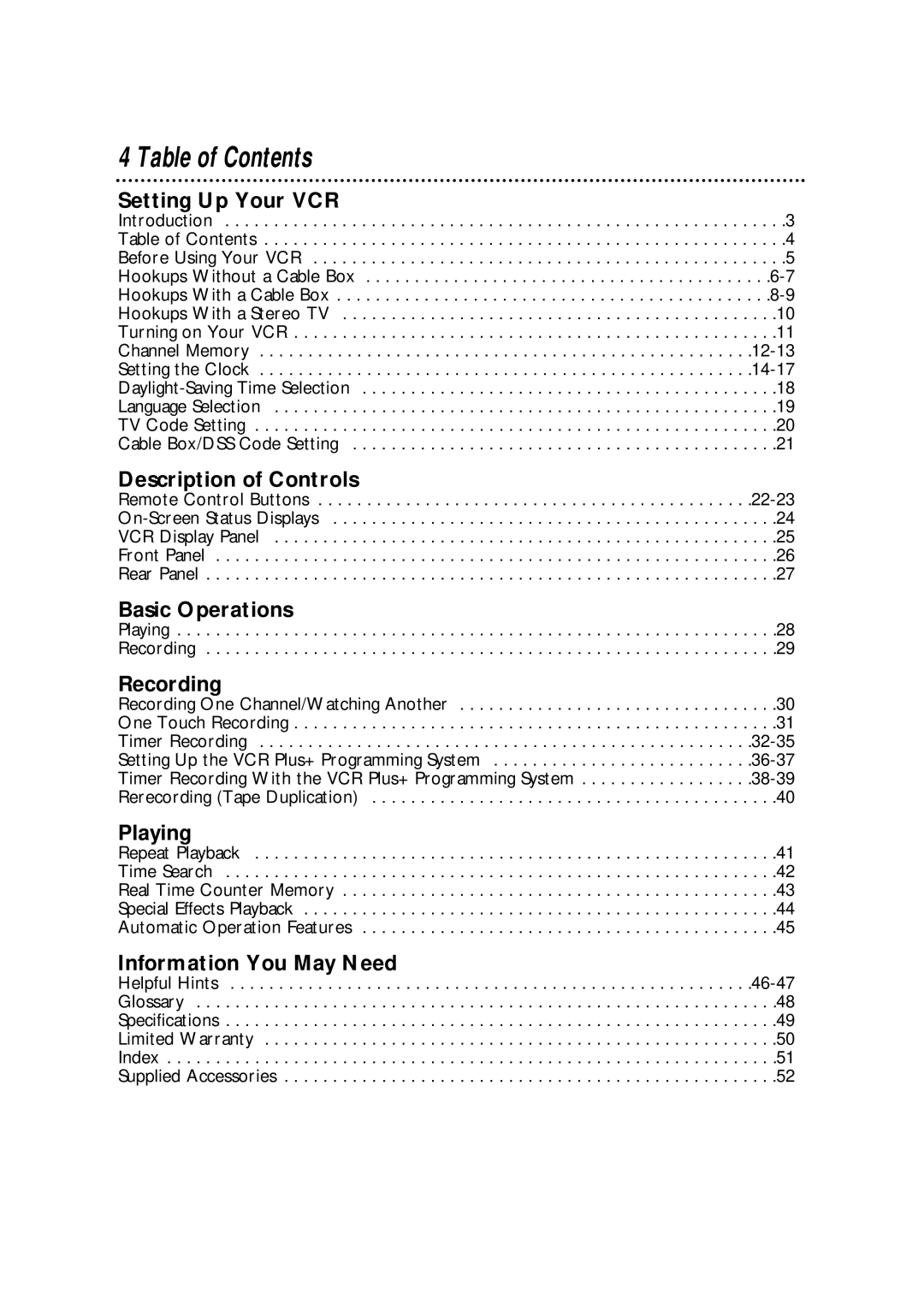 Philips VRX342AT warranty Table of Contents 