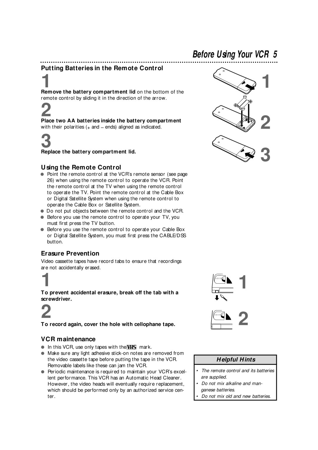 Philips VRX342AT Putting Batteries in the Remote Control, Using the Remote Control, Erasure Prevention, VCR maintenance 