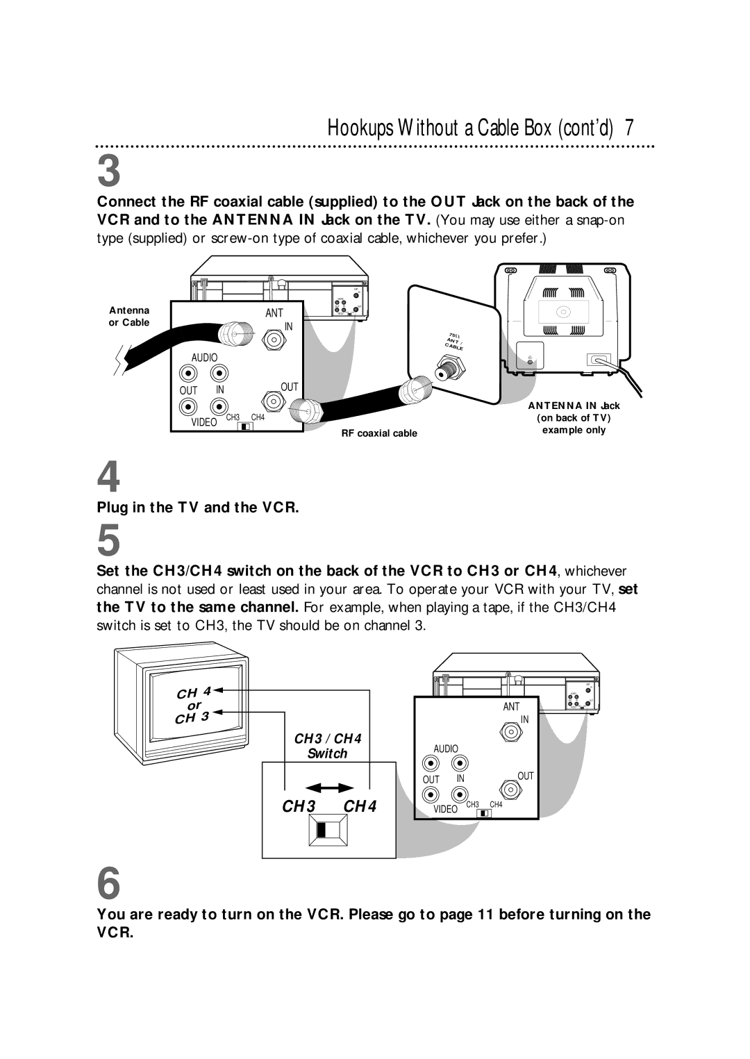 Philips VRX342AT warranty Hookups Without a Cable Box cont’d, Plug in the TV and the VCR 