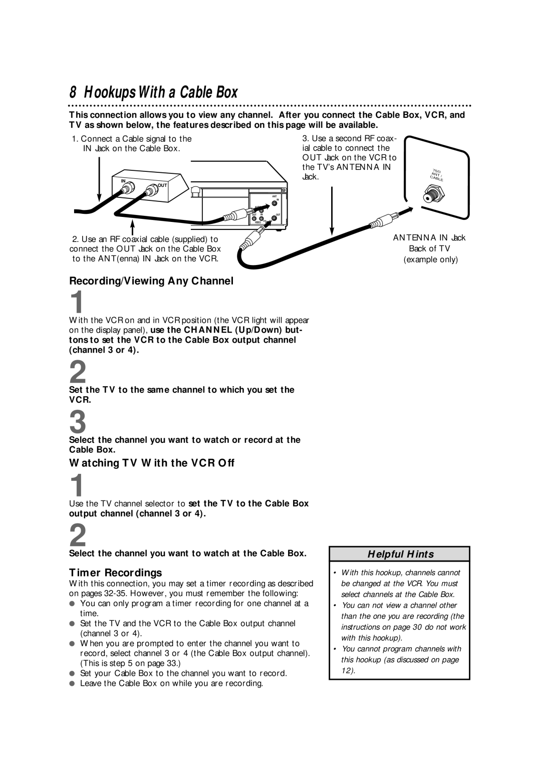 Philips VRX342AT Hookups With a Cable Box, Recording/Viewing Any Channel, Watching TV With the VCR Off, Timer Recordings 