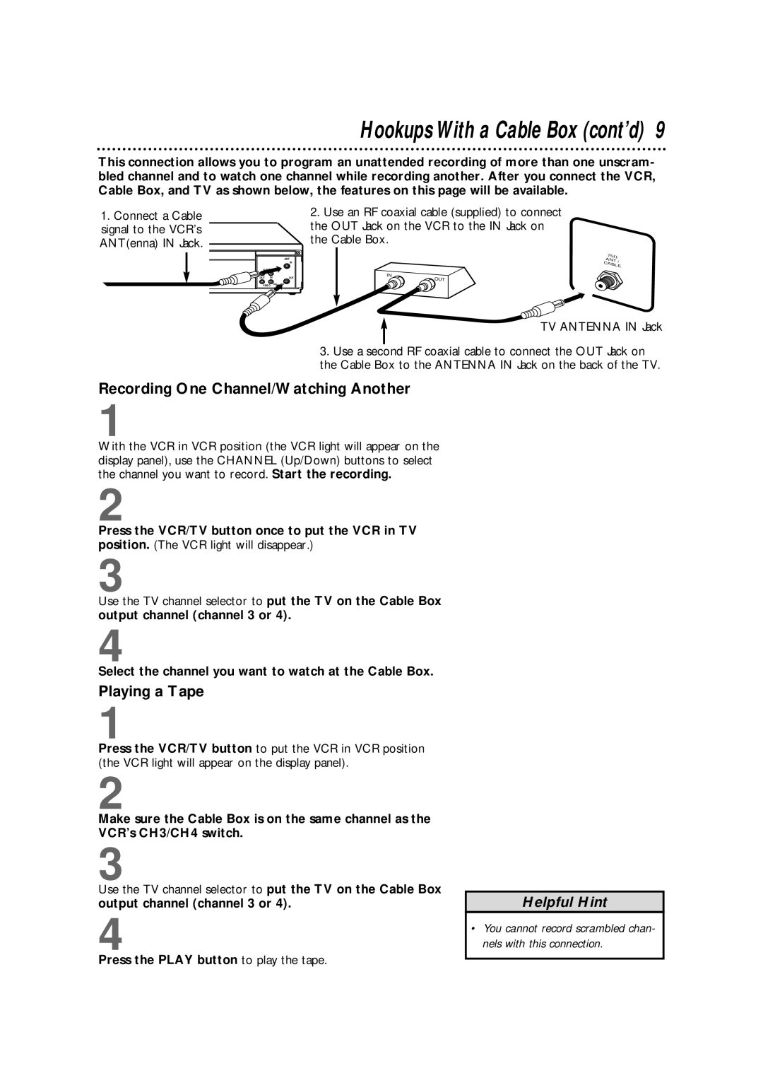 Philips VRX342AT warranty Hookups With a Cable Box cont’d, Recording One Channel/Watching Another, Playing a Tape 