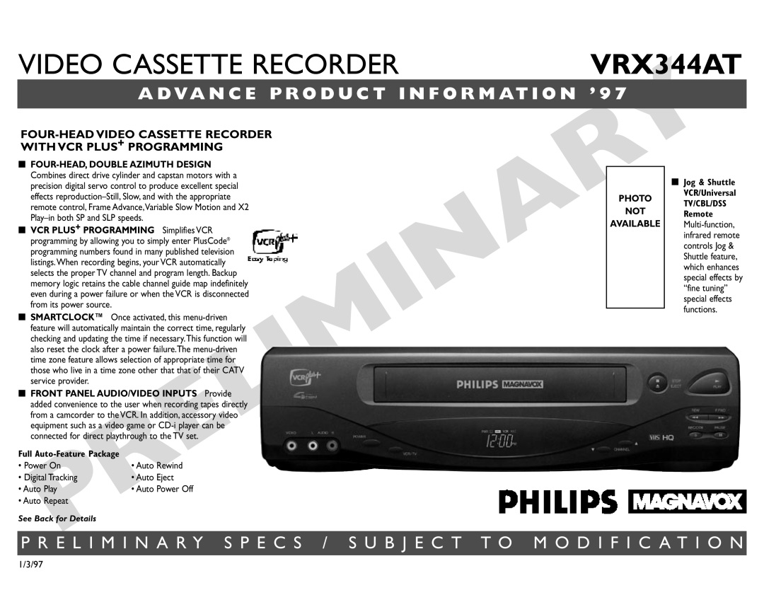 Philips manual VIDEO CASSETTE RECORDERVRX344AT, Four-Head Video Cassette Recorder With Vcr Plus+ Programming, 1/3/97 