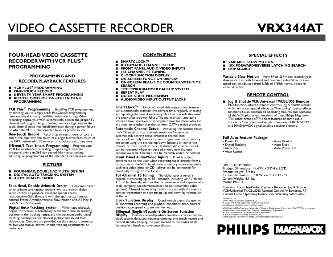 Philips VRX344AT Video Cassette Recorder, Programming And Record/Playback Features, Picture, Convenience, Special Effects 