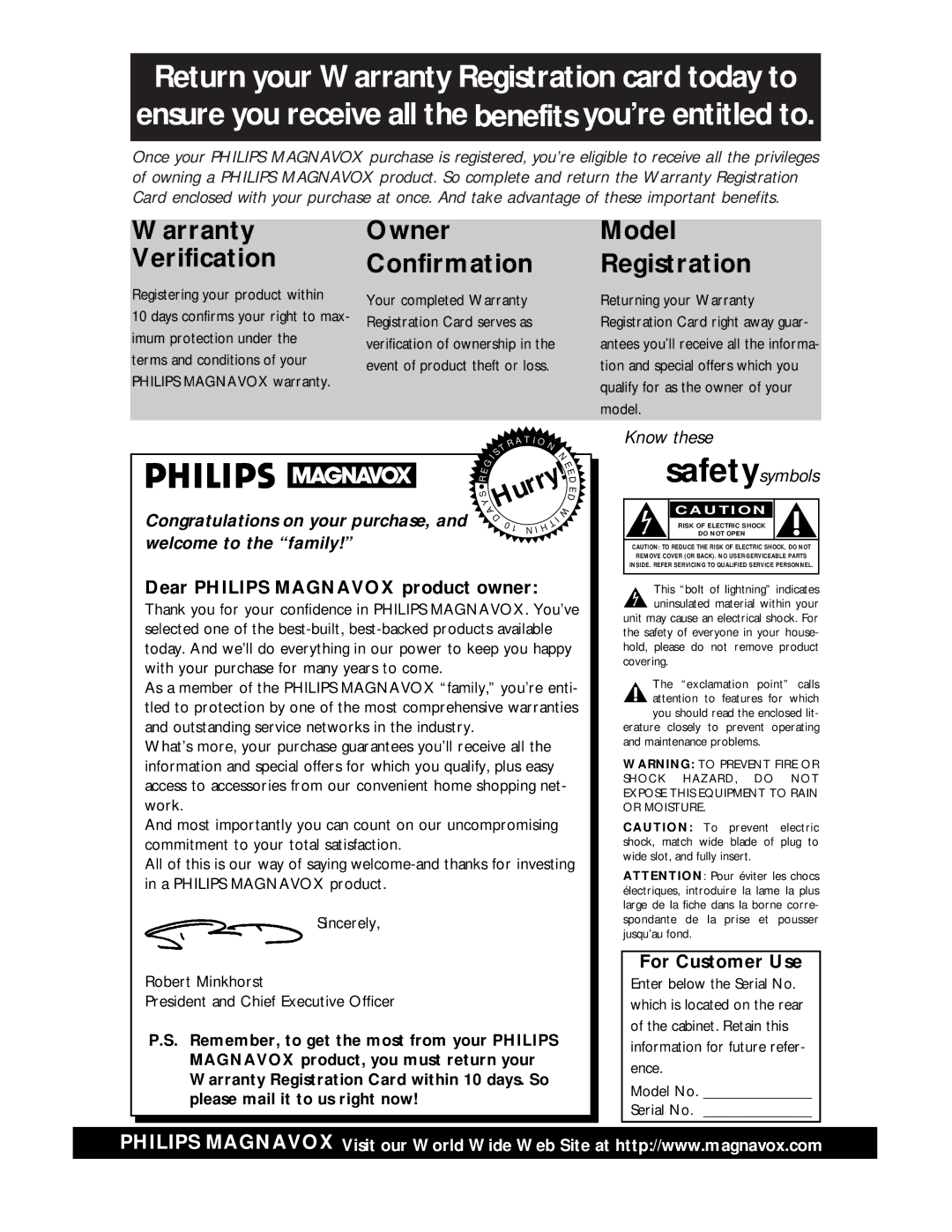 Philips VRX360AT owner manual Dear Philips Magnavox product owner, For Customer Use 