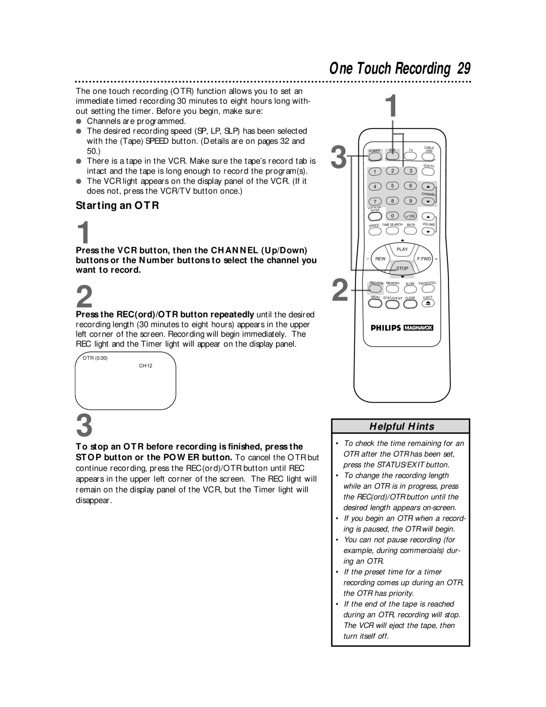 Philips VRX360AT owner manual One Touch Recording, Starting an OTR 