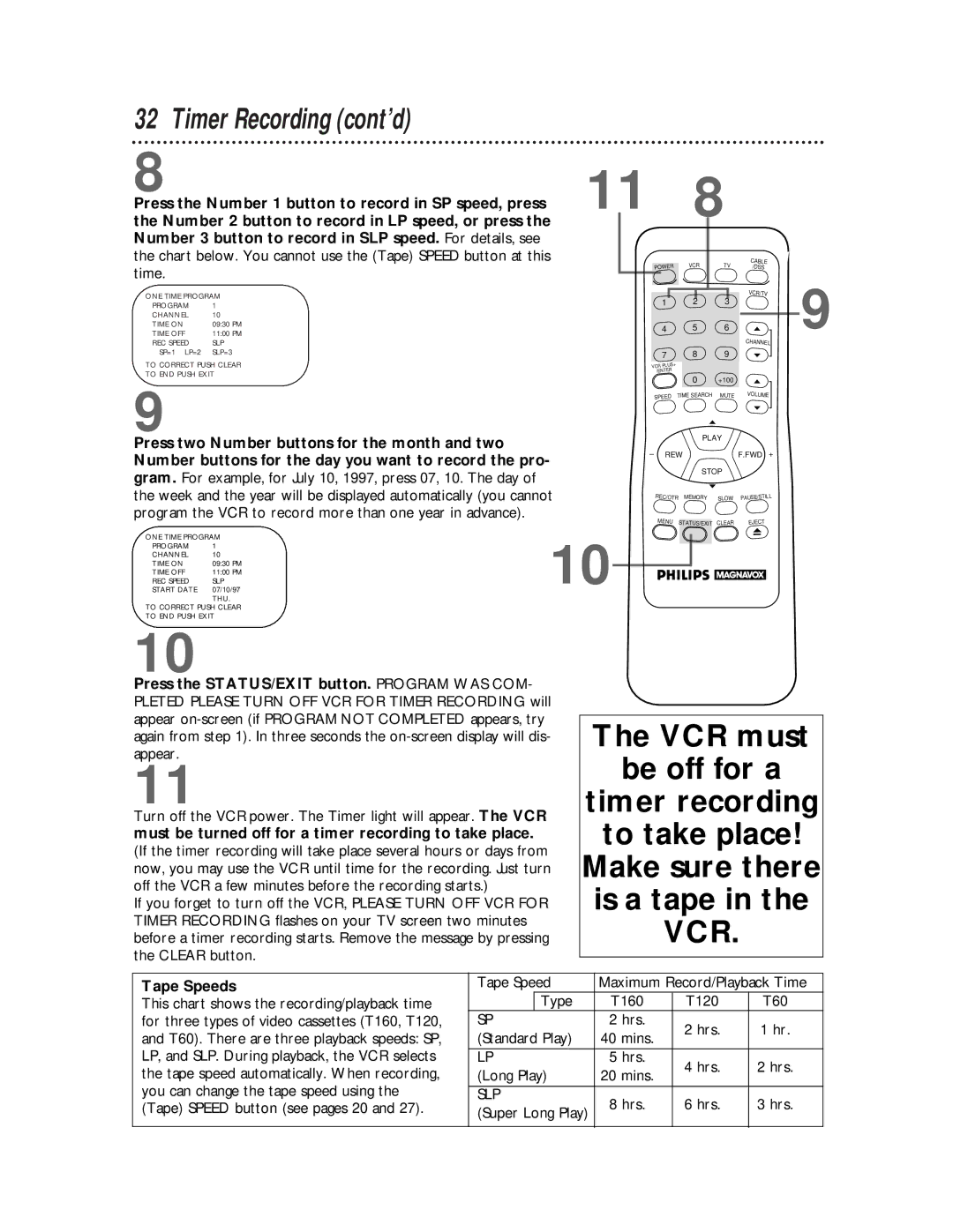 Philips VRX360AT owner manual Timer Recording cont’d, Tape Speeds 