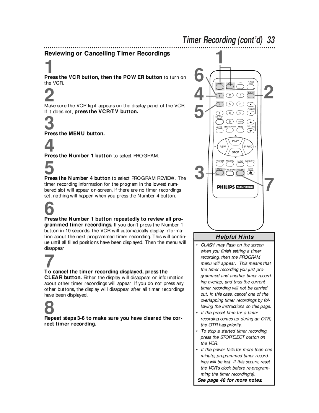 Philips VRX360AT owner manual Reviewing or Cancelling Timer Recordings, Press the Menu button 