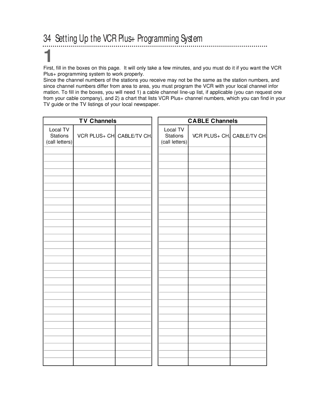 Philips VRX360AT Setting Up the VCR Plus+ Programming System, TV Channels Cable Channels, Local TV Stations Call letters 