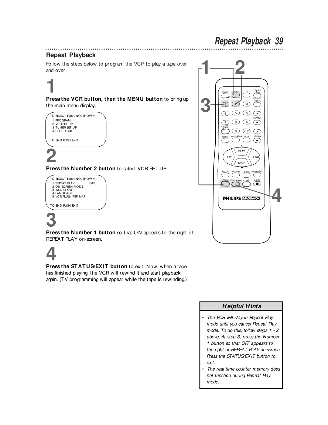 Philips VRX360AT owner manual Repeat Playback 