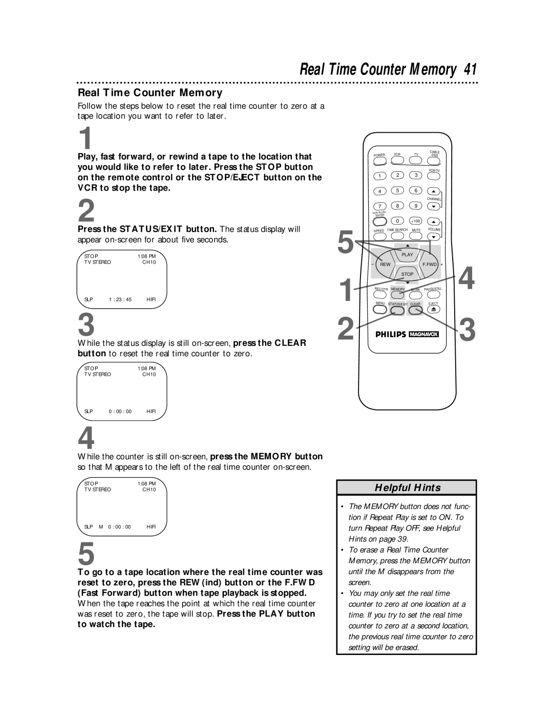 Philips VRX360AT owner manual Real Time Counter Memory 