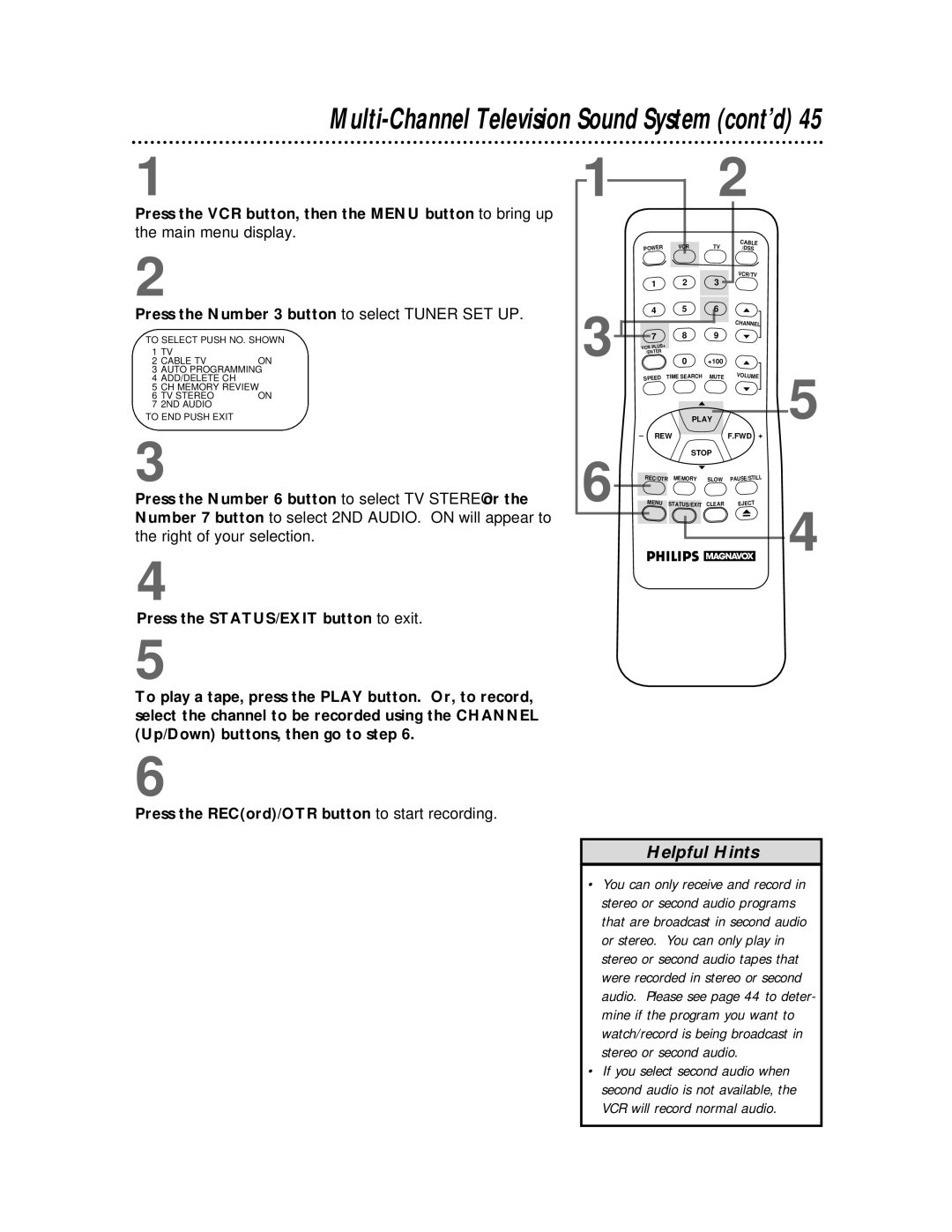 Philips VRX360AT owner manual Multi-Channel Television Sound System cont’d 