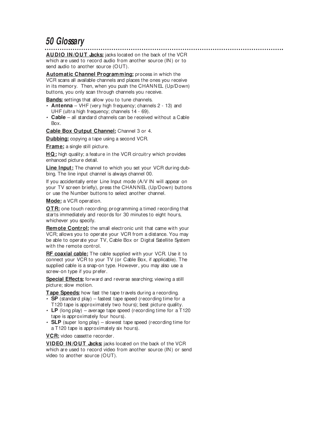 Philips VRX360AT owner manual Glossary, Cable Box Output Channel Channel 3 or 