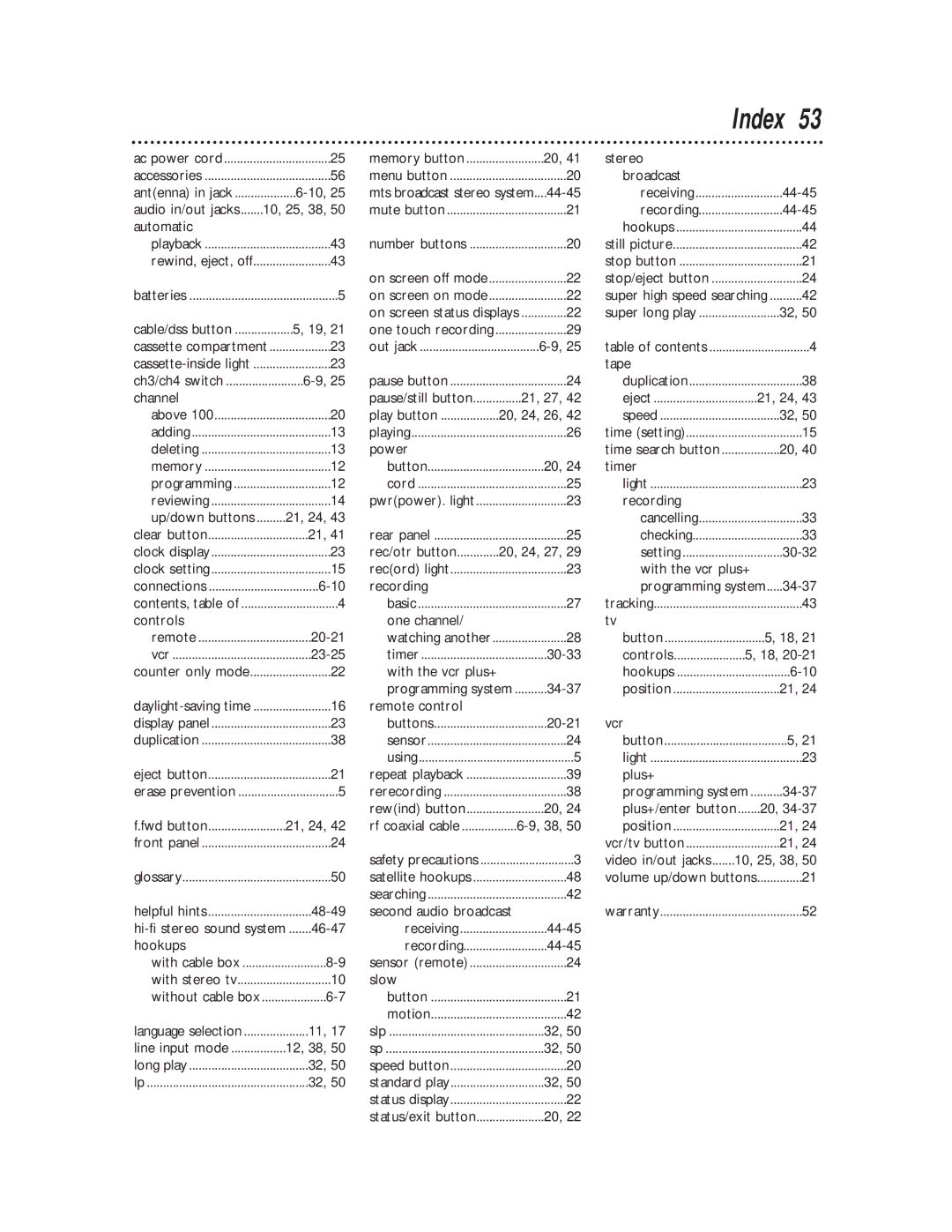 Philips VRX360AT owner manual Index 